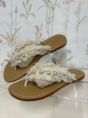 Mystique Boutique Cream Fringe Pearl Thong Sandals